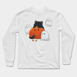 Cute Halloween cat and ghost Long Sleeve T-Shirt